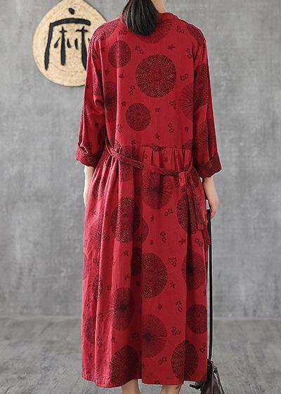 V Neck Patchwork Cotton Clothes Red Embroidery Long Dresses