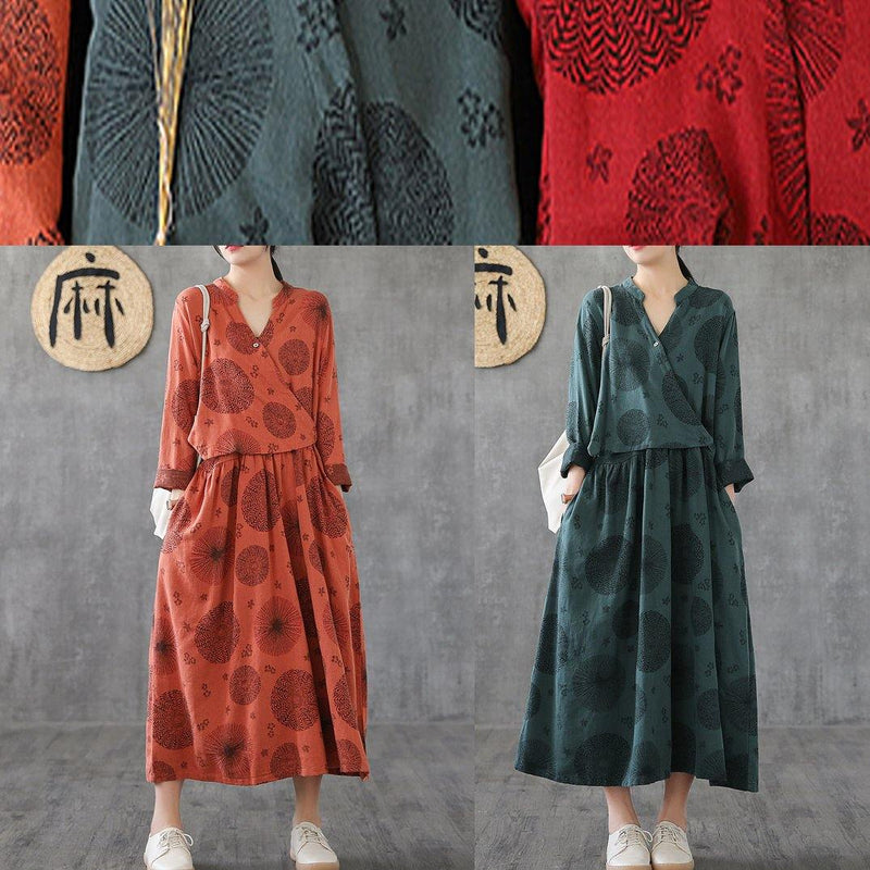 V Neck Patchwork Cotton Clothes Red Embroidery Long Dresses