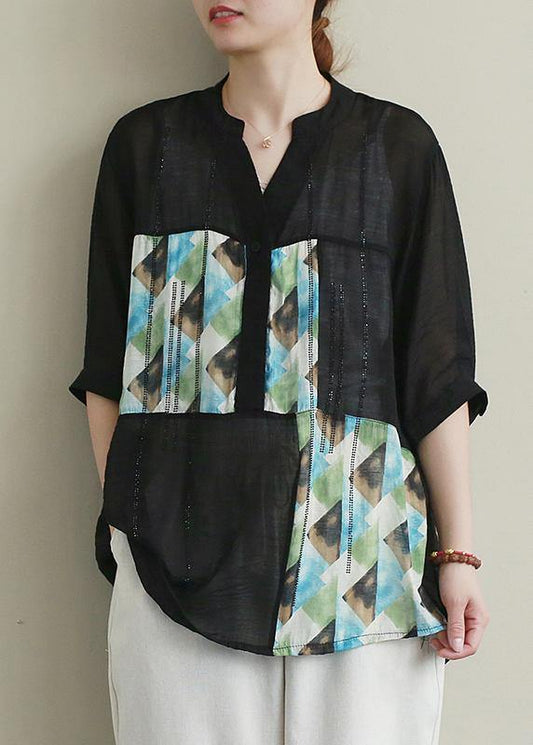 V Neck Patchwork Cotton Tops Black Print Diamond Top