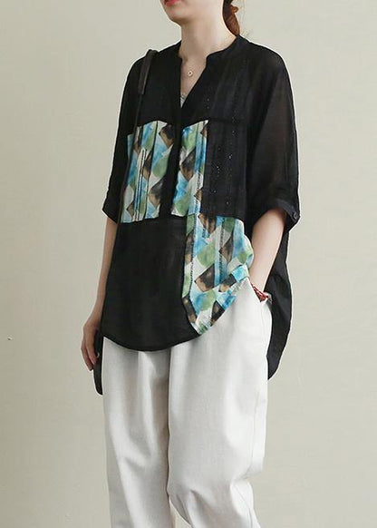 V Neck Patchwork Cotton Tops Black Print Diamond Top