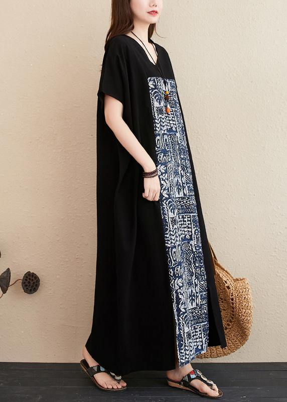 V Neck Patchwork Linen Surroundings Work Black Dresses