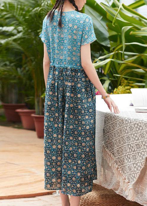 V Neck Patchwork Linen Clothes Fabrics Blue Print Kaftan Dresses Summer