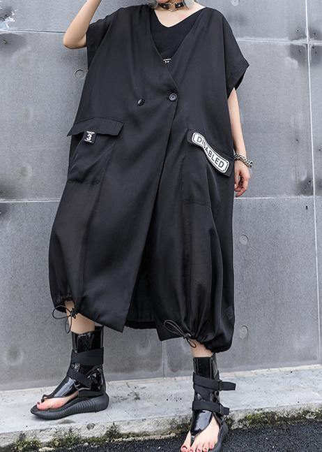 V Neck Pockets Linen Outfit Wardrobes Black Print Dresses Summer