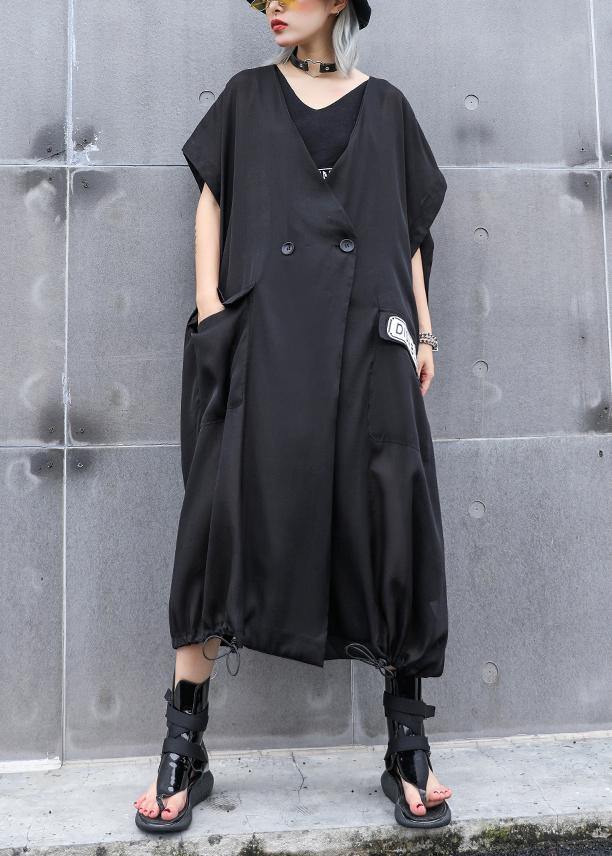 V Neck Pockets Linen Outfit Wardrobes Black Print Dresses Summer