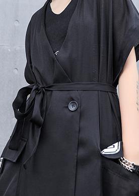 V Neck Pockets Linen Outfit Wardrobes Black Print Dresses Summer