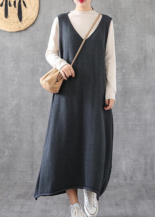 V Neck Sleeveless Tunics Fabrics Gray Long Dresses Spring