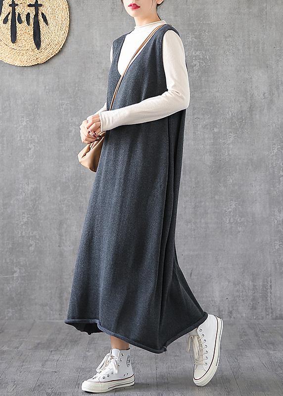 V Neck Sleeveless Tunics Fabrics Gray Long Dresses Spring