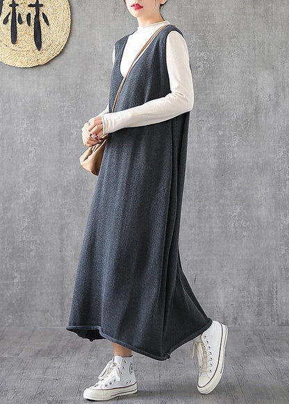 V Neck Sleeveless Tunics Fabrics Gray Long Dresses Spring