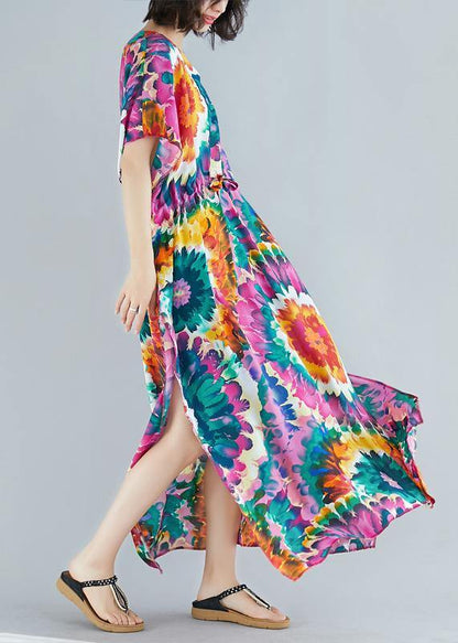 V Neck Tie Waist Cotton Ideas Purple Print Dress Summer