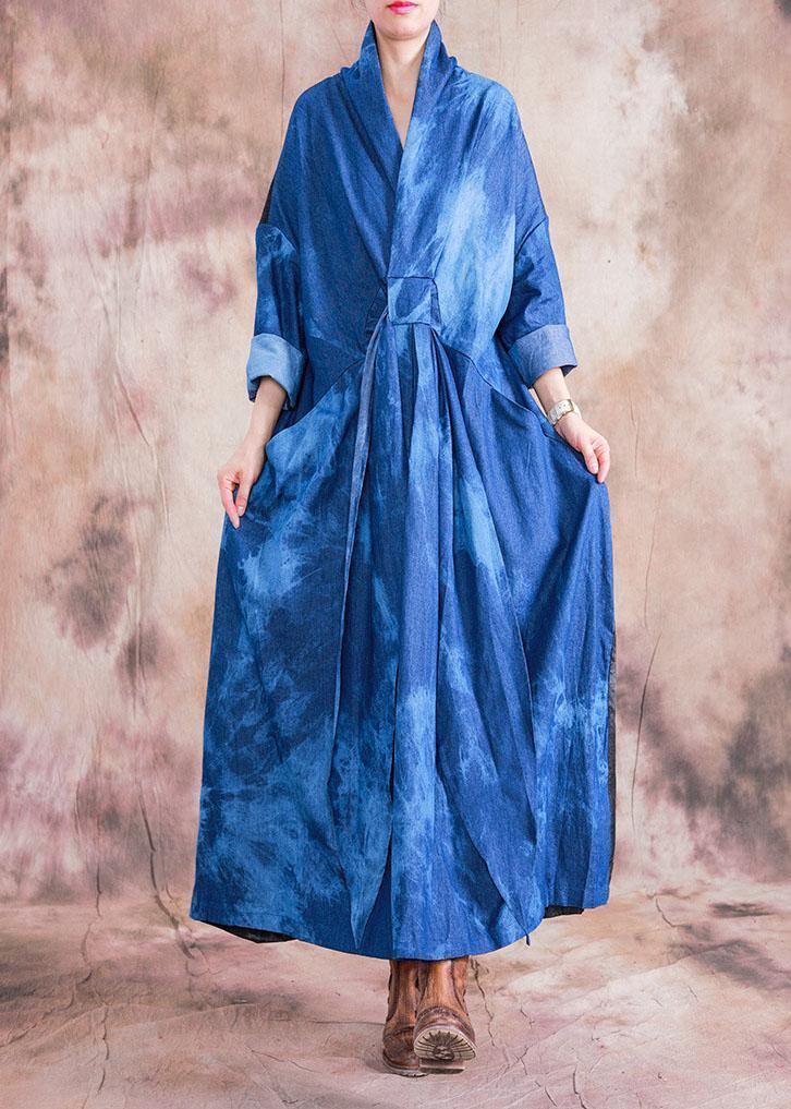 V Neck Tie Waist Cotton Clothes Denim Blue a Line Dress Fall