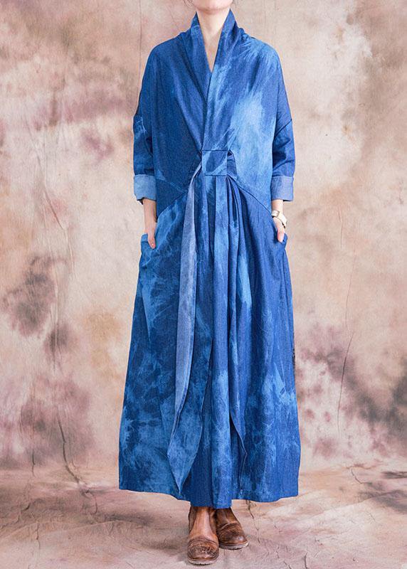 V Neck Tie Waist Cotton Clothes Denim Blue a Line Dress Fall
