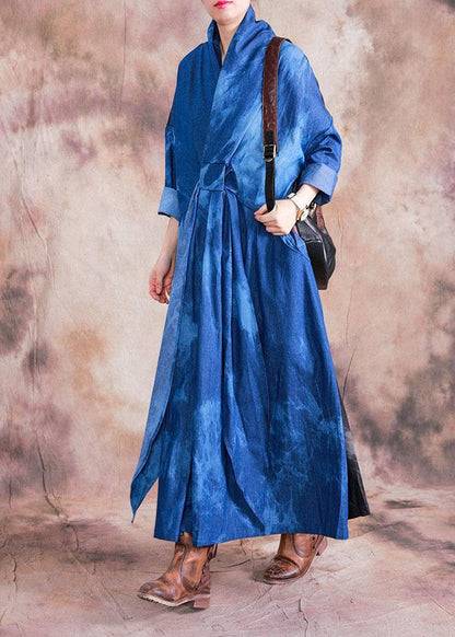 V Neck Tie Waist Cotton Clothes Denim Blue a Line Dress Fall