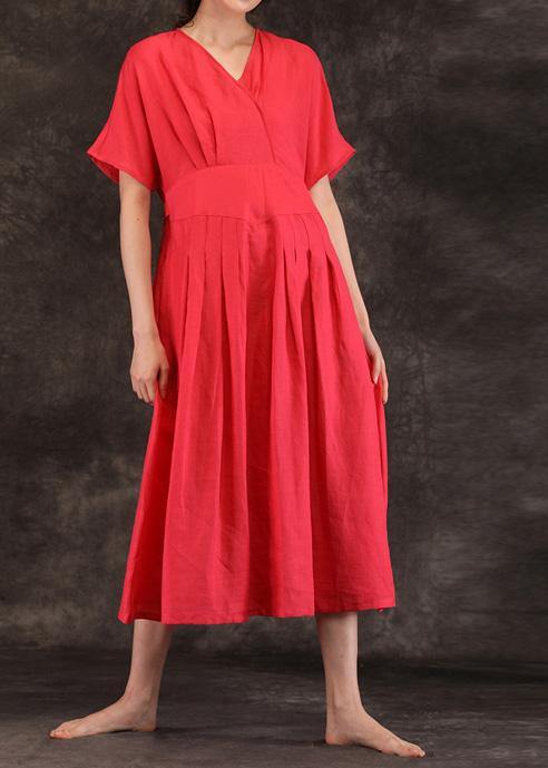 V Neck Tie Waist Linen Clothes for Inspiration Red Dress Summer