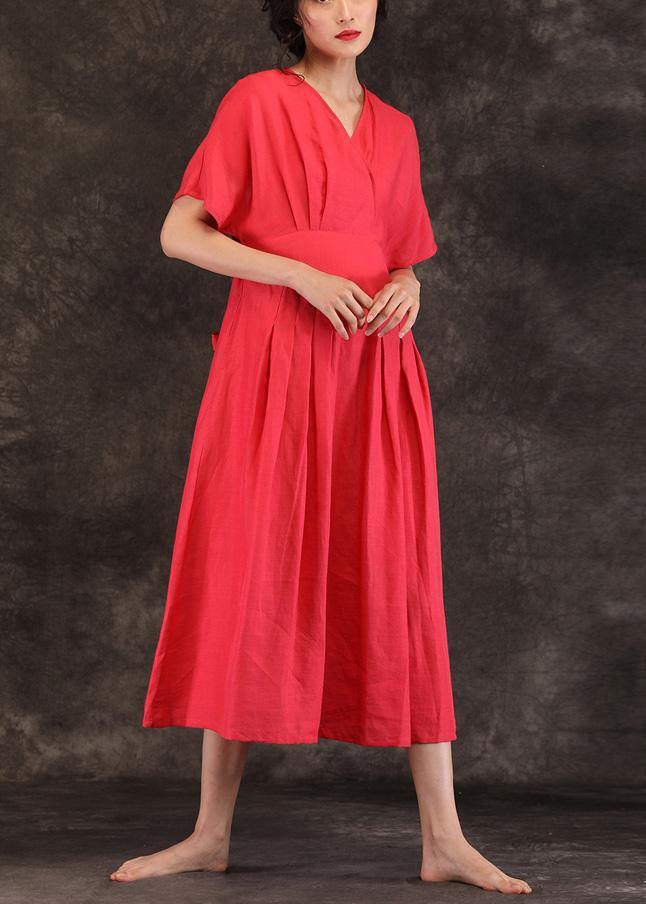 V Neck Tie Waist Linen Clothes for Inspiration Red Dress Summer