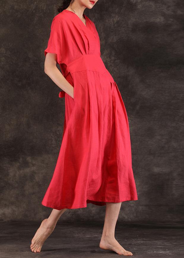 V Neck Tie Waist Linen Clothes for Inspiration Red Dress Summer
