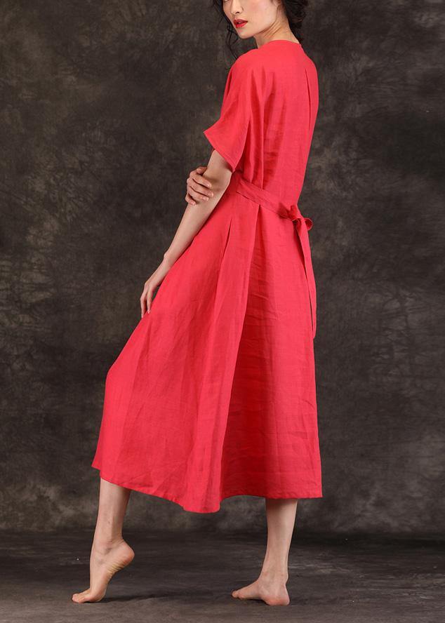 V Neck Tie Waist Linen Clothes for Inspiration Red Dress Summer