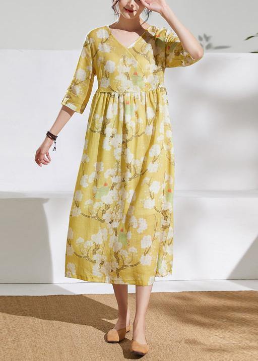 V Neck Tie Waist Linen Summer Dresses Outfits Yellow Print Dresses