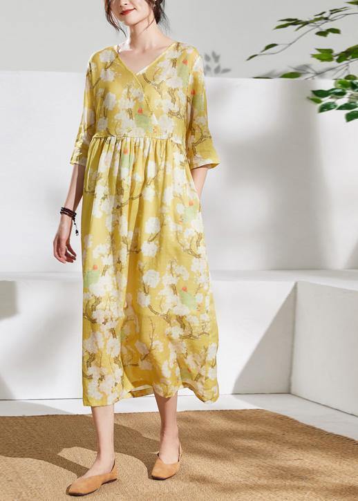 V Neck Tie Waist Linen Summer Dresses Outfits Yellow Print Dresses