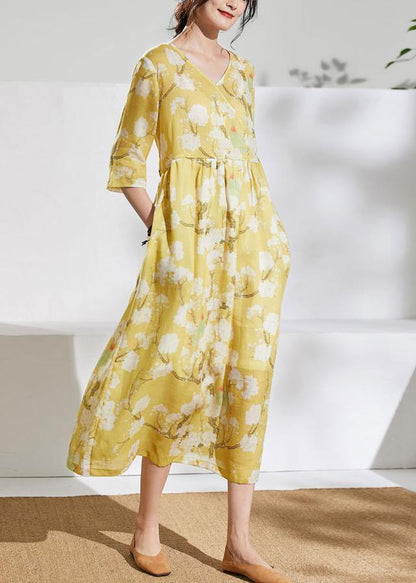 V Neck Tie Waist Linen Summer Dresses Outfits Yellow Print Dresses