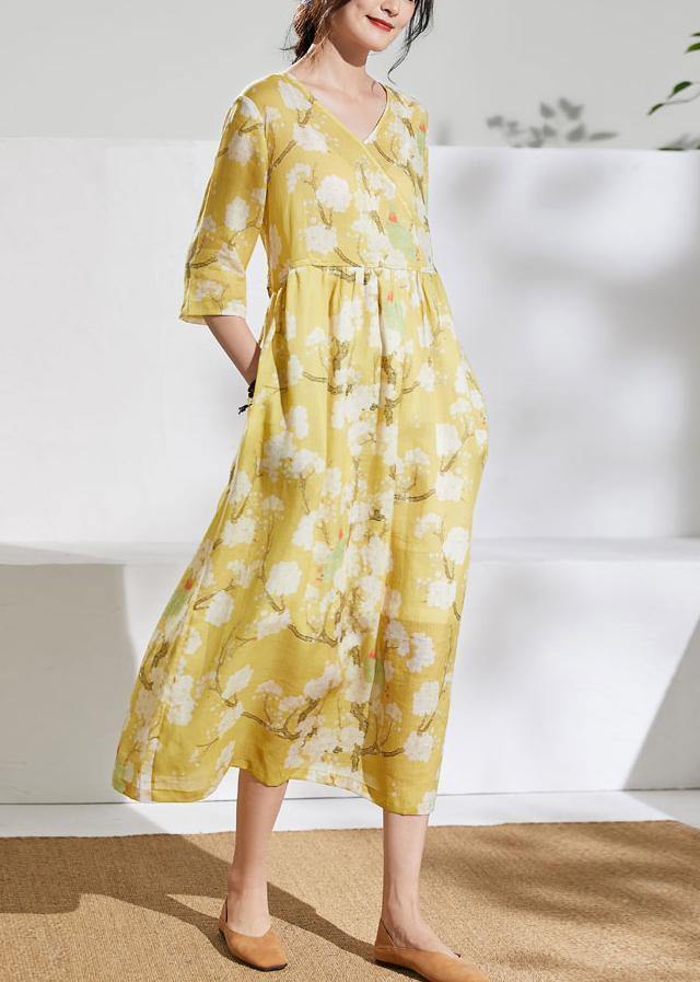 V Neck Tie Waist Linen Summer Dresses Outfits Yellow Print Dresses