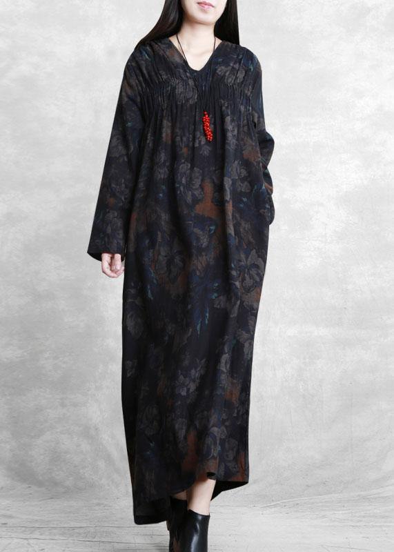 V Neck Cinched Clothes for Catwalk Black Print Robe Dresses