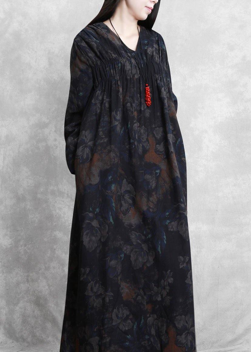 V Neck Cinched Clothes for Catwalk Black Print Robe Dresses