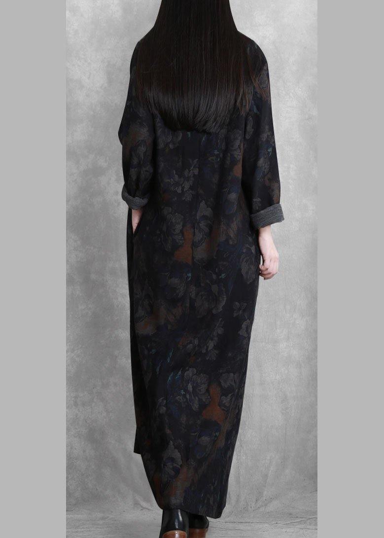 V Neck Cinched Clothes for Catwalk Black Print Robe Dresses