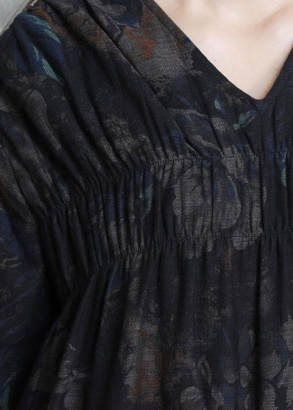 V Neck Cinched Clothes for Catwalk Black Print Robe Dresses