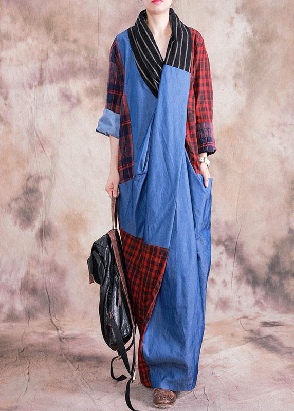 V Neck Cinched Cotton Linen Clothes Design Red Plaid Dresses Fall