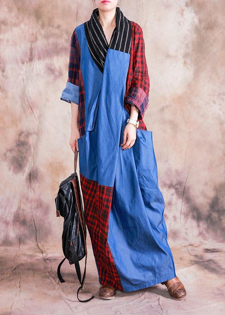 V Neck Cinched Cotton Linen Clothes Design Red Plaid Dresses Fall