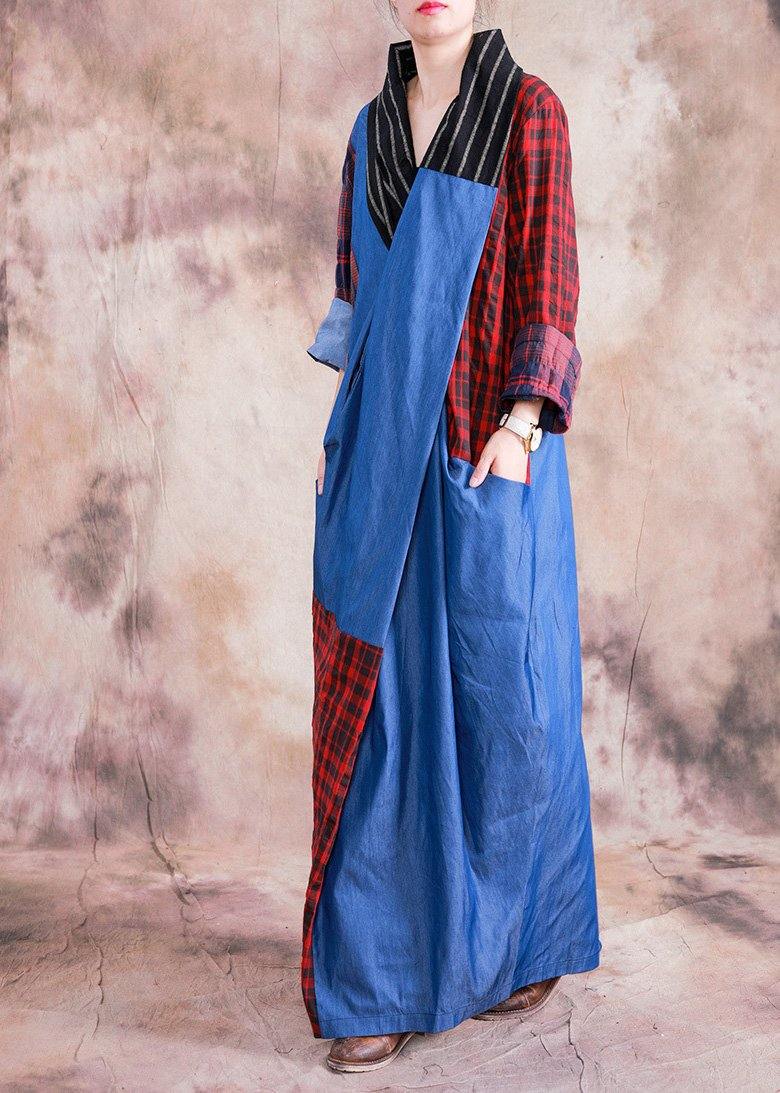 V Neck Cinched Cotton Linen Clothes Design Red Plaid Dresses Fall