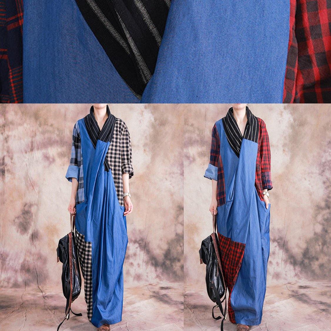 V Neck Cinched Cotton Linen Clothes Design Red Plaid Dresses Fall