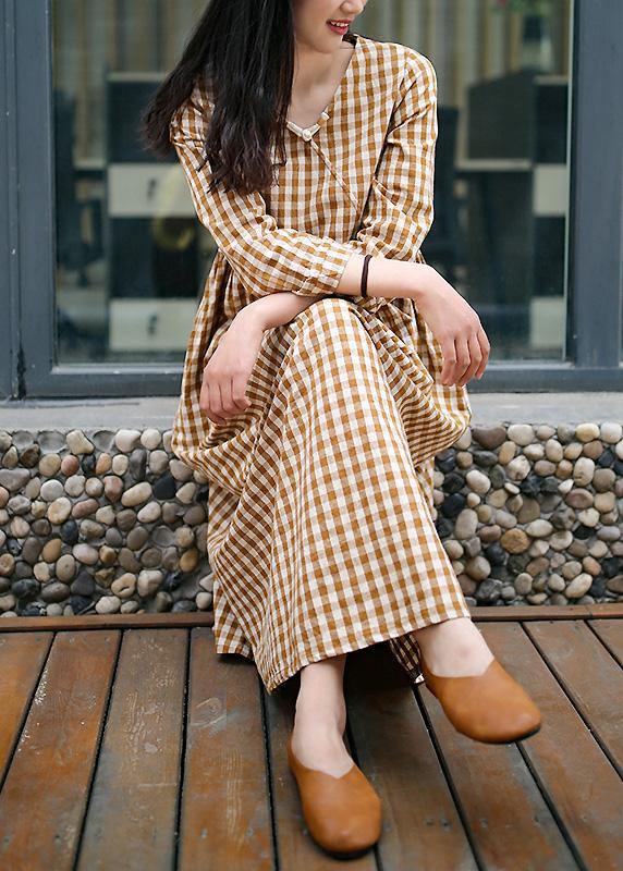 V Neck Cinched Dresses Work Yellow Plad Loose Dresses