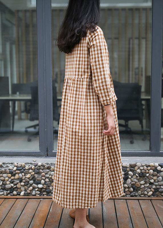 V Neck Cinched Dresses Work Yellow Plad Loose Dresses