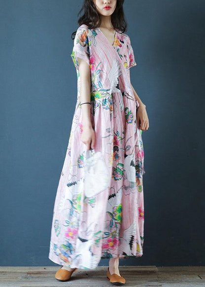 V Neck Cinched Linen Robes Ideas Pink Print Dress