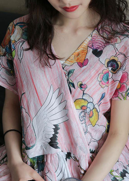 V Neck Cinched Linen Robes Ideas Pink Print Dress
