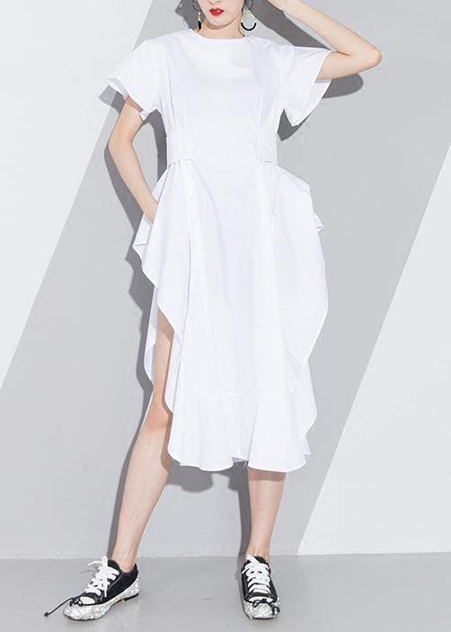 White Cotton Tunic Pattern Short Sleeve Loose Asymmetric Sundress Dress