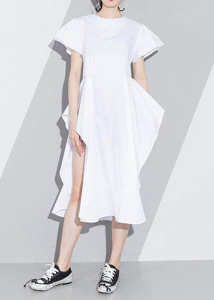 White Cotton Tunic Pattern Short Sleeve Loose Asymmetric Sundress Dress