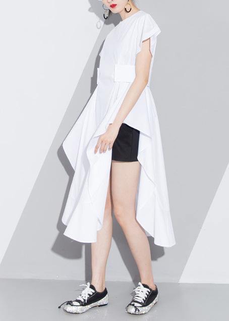 White Cotton Tunic Pattern Short Sleeve Loose Asymmetric Sundress Dress