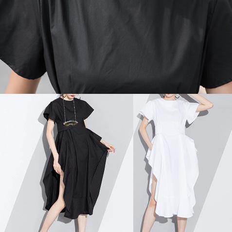 White Cotton Tunic Pattern Short Sleeve Loose Asymmetric Sundress Dress