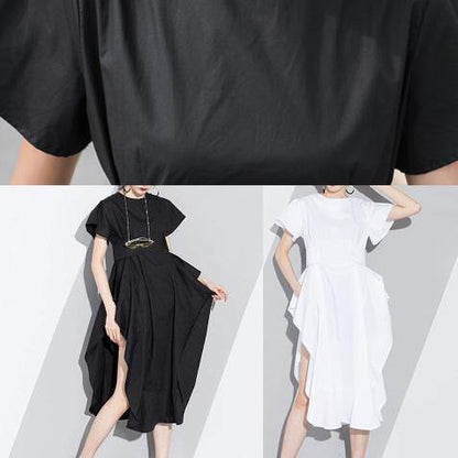 White Cotton Tunic Pattern Short Sleeve Loose Asymmetric Sundress Dress