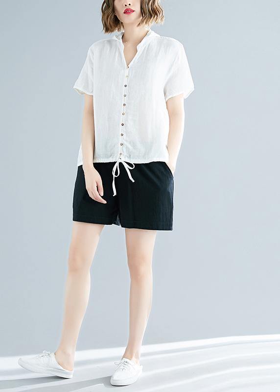 White Cotton Linen Tunic Top Fine Outfits Hooded Daily Summer Shirts