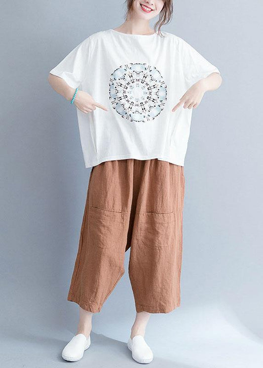 White Cotton Tunic Top O Neck Prints Knee Summer Tops