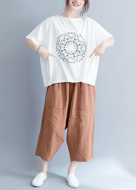 White Cotton Tunic Top O Neck Prints Knee Summer Tops
