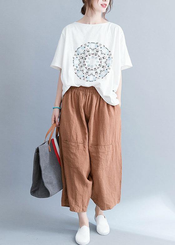 White Cotton Tunic Top O Neck Prints Knee Summer Tops
