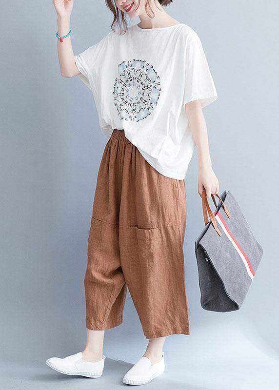 White Cotton Tunic Top O Neck Prints Knee Summer Tops