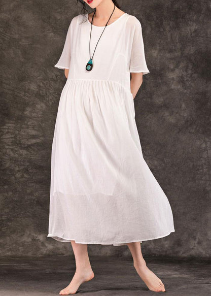 White Linen Long Shirts O Neck Pockets Patchwork Maxi Summer Dress
