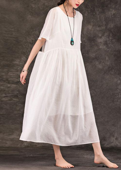 White Linen Long Shirts O Neck Pockets Patchwork Maxi Summer Dress