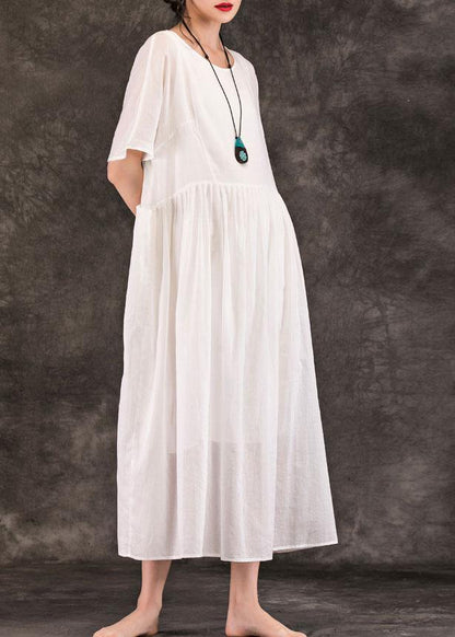 White Linen Long Shirts O Neck Pockets Patchwork Maxi Summer Dress