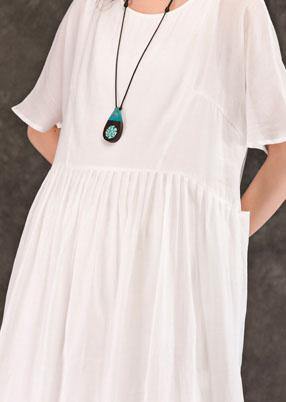White Linen Long Shirts O Neck Pockets Patchwork Maxi Summer Dress